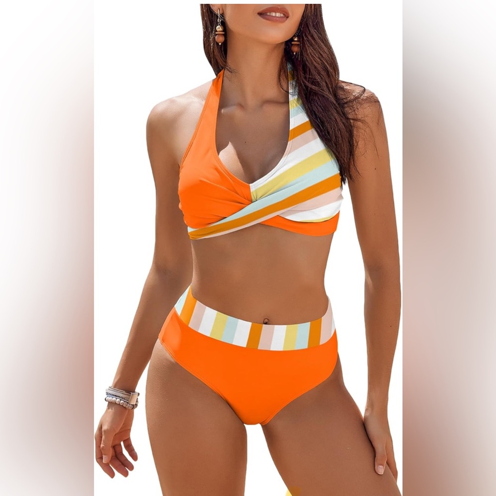 Women's High Waisted Bikini Two Piece Color Block Halter Swimsuit *Brand New*